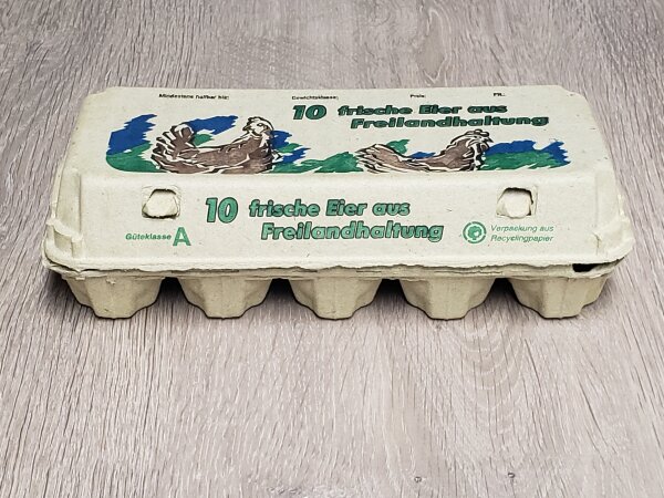 1 Eierschachteln TOP 10 gelb mit Freilandhaltung Aufdruck