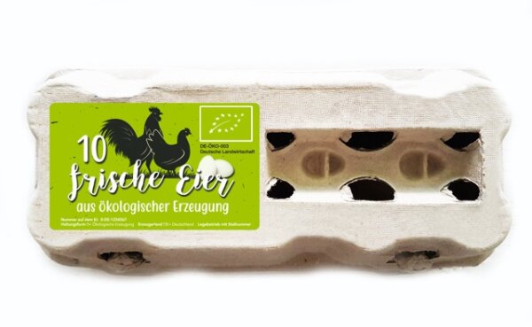 1 CDL 10er  Eierschachtel mit Eier aus &ouml;kologischer Erzeugung Etiketten Typ Comic